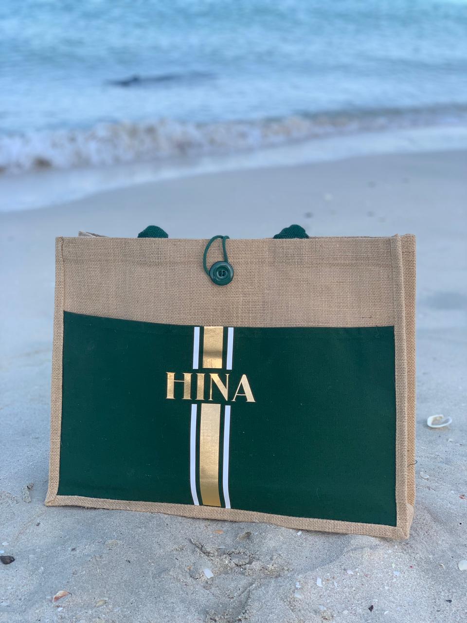 Personalised Jute Bag with Green Canvas Pocket 